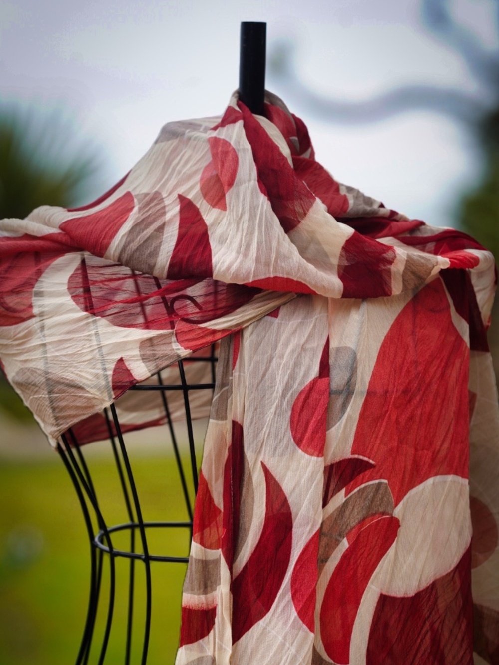 Abstract Geometric Oversized Scarf - Burgundy & Cream - Crinkle Texture